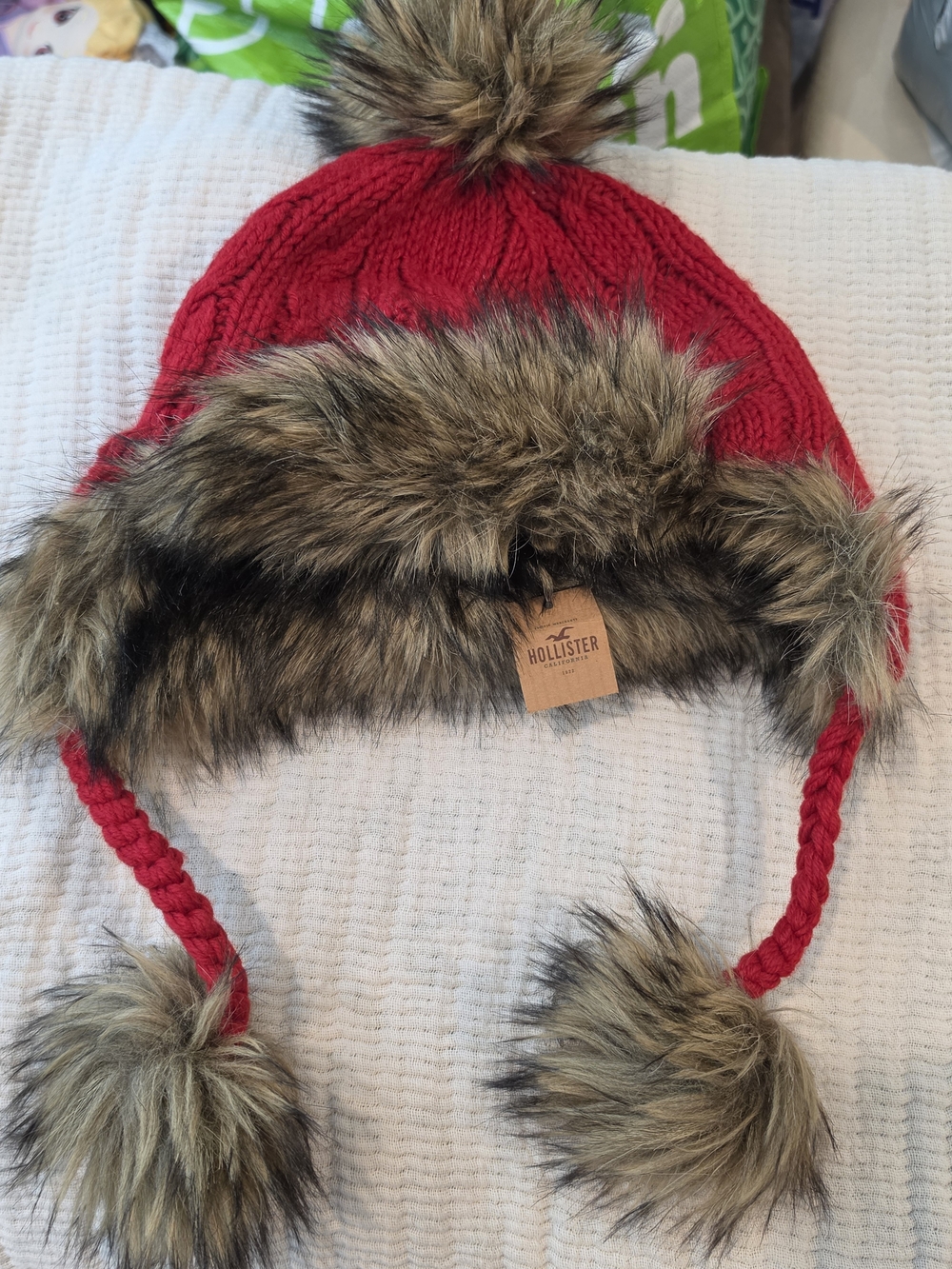 Hollister Red Knit Earflap Hat with Faux Fur Pom Poms